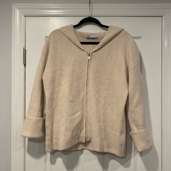 Zara Ecru Rib Knit Zip Cardigan Sweater - Picture 1 of 4
